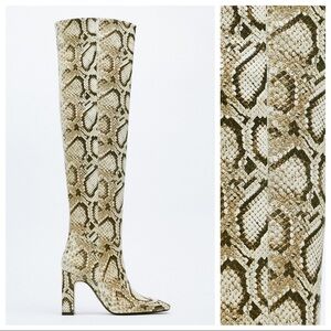 NWT. Zara Animal Snake Print Mid High Heel Over the Knee Boots. Size 7,5.